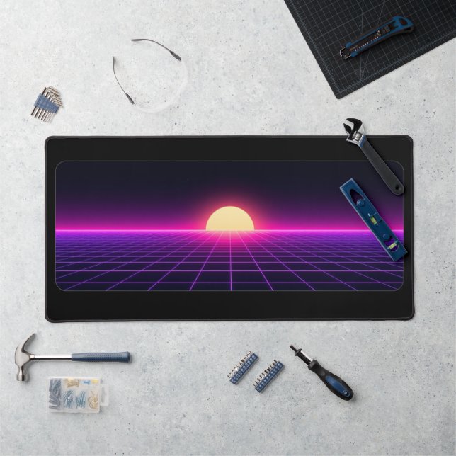 Retro Synthwave Sunset Grid Desk Mat (Workstation)