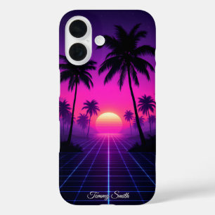 Retro Synthwave Sunset– Neon Vaporwave Vibe iPhone 16 Case
