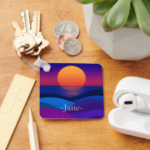Retro Synthwave Sunset Waves Custom Keychain