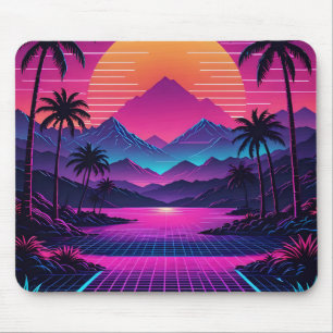 Retro Synthwave Sunset With Vaporwave Landscape Mouse Pad