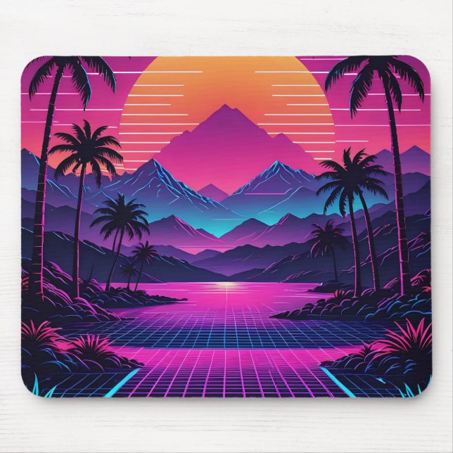 Retro Synthwave Sunset With Vaporwave Landscape Mouse Pad (Front)