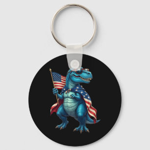 Retro T Rex Dinosaur 4th Of July American Flag Usa Key Ring