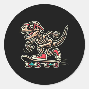Retro T-rex Skeleton Dinosaur Skateboarding Boys  Classic Round Sticker