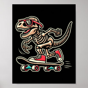 Retro T-rex Skeleton Dinosaur Skateboarding Boys  Poster