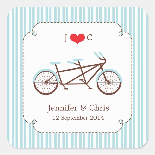 Retro Tandem Bicycle Blue & White Striped Wedding Square Sticker (Front)