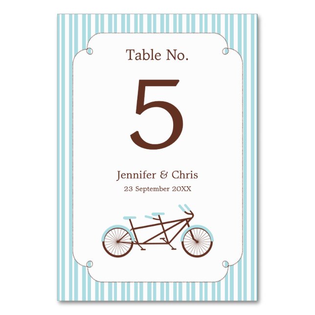 Retro Tandem Bicycle Blue & White Striped Wedding Table Number (Front)