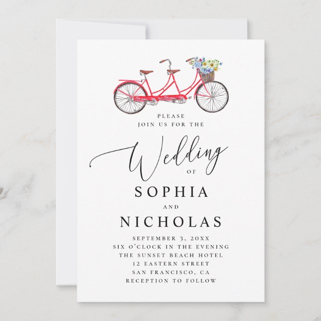 Retro tandem bicycle. Elegant script wedding Invitation (Front)