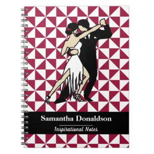Retro Tango Dancers on Burgundy Geometric Notebook