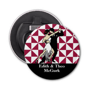Retro Tango Dancers on Maroon Geometric Bottle Opener