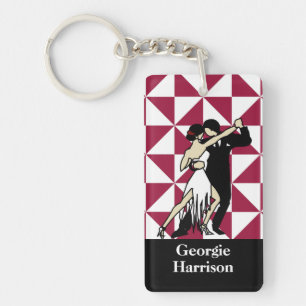 Retro Tango Dancers on Maroon Geometric Key Ring
