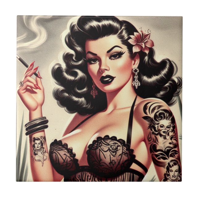 Retro Tatto Goth Girl Ceramic Tile (Front)