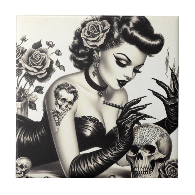 Retro Tattoed Goth Pin-up Ceramic Tile (Front)