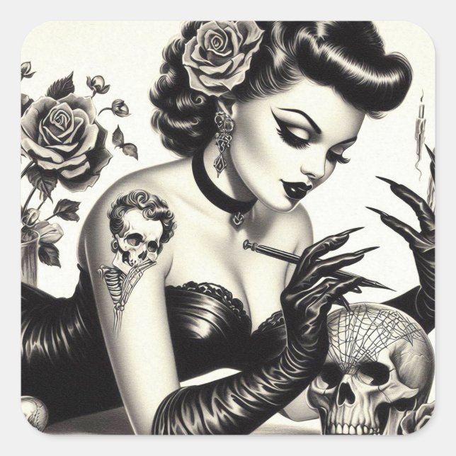 Retro Tattoed Goth Pin-up Square Sticker (Front)