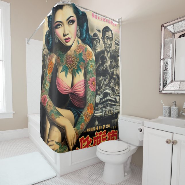 Retro Tattoo Girl Shower Curtain (In Situ)