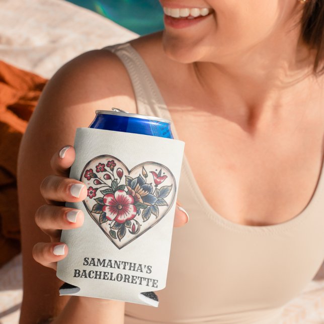 Retro Tattoo Heart Flowers Name Bachelorette Can Cooler (Creator Uploaded)