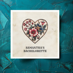 Retro Tattoo Heart Flowers Name Bachelorette Napkin