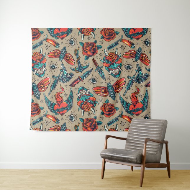 Retro Tattoo Themed Tapestry (In Situ (Horizontal))