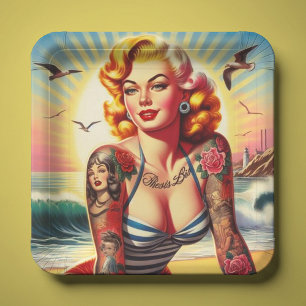 Retro Tattooed Bikini Pin-up Paper Plate