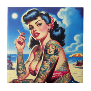 Retro Tattooed Bikini Summer Pin-up Ceramic Tile