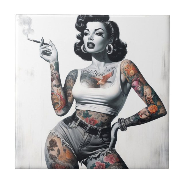 Retro Tattooed Girl Ceramic Tile (Front)