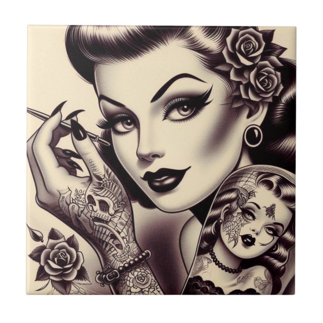 Retro Tattooed Pin Up Ceramic Tile (Front)