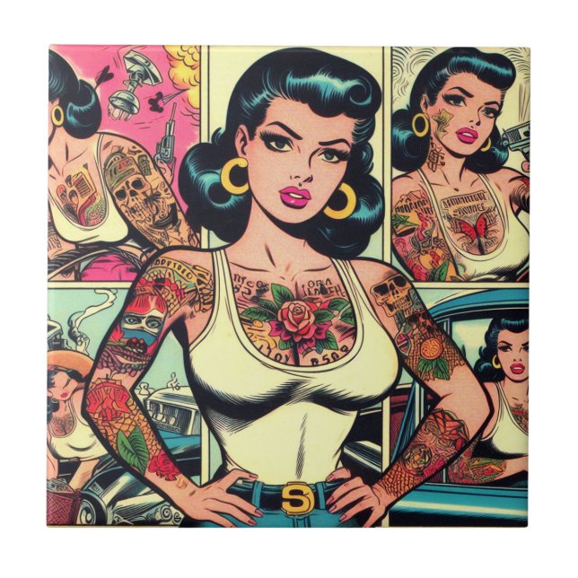 Retro Tattooed Pin-up Comics Ceramic Tile (Front)