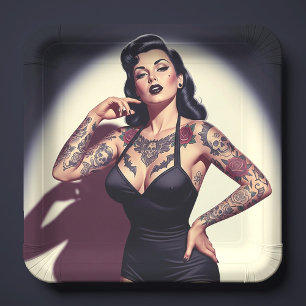 Retro Tattooed Pin-up Paper Plate