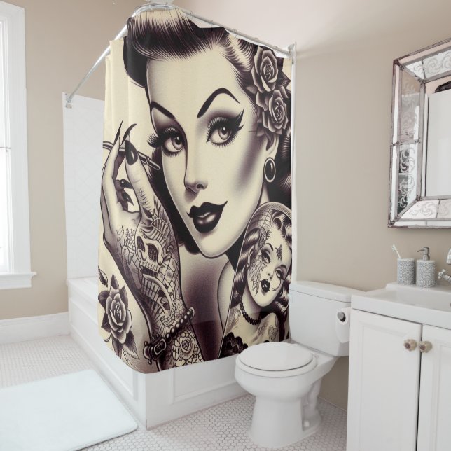 Retro Tattooed Pin Up Shower Curtain (In Situ)
