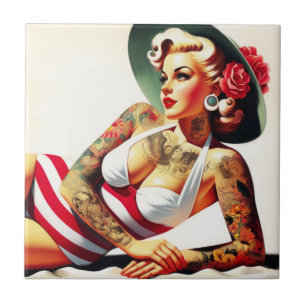 Retro Tattooed Swimsuit Pin-up Ceramic Tile