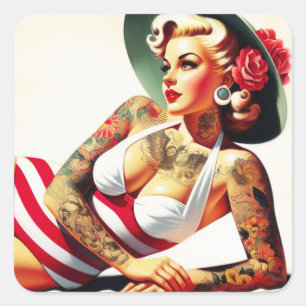 Retro Tattooed Swimsuit Pin-up Square Sticker