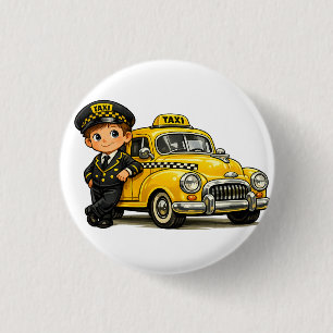 Retro Taxi Driver Boy with Vintage Yellow Car T-Sh 3 Cm Round Badge