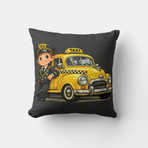 Retro Taxi Driver Boy with Vintage Yellow Car T-Sh Cushion