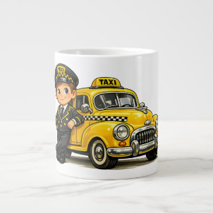 Retro Taxi Driver Boy with Vintage Yellow Car T-Sh Large Coffee Mug
