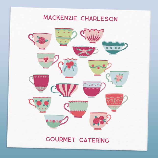 Retro Tea Cup Catering Bakery Cafe Square Business Card (Retro tea cups custom catering bakery cafe cook chef restaurant square business card)