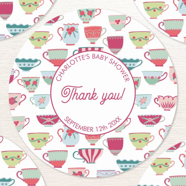 Retro Tea Party Baby Shower Classic Round Sticker (Modern retro tea party baby shower thank you stickers)