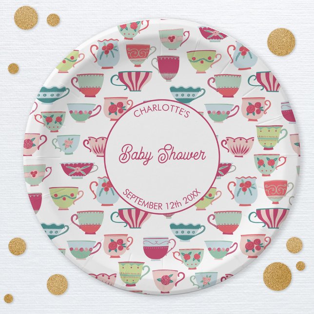 Retro Tea Party Baby Shower Paper Plate (Modern retro teacup baby shower tea party personalized paper plates)