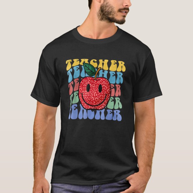 Retro Teacher Apple Leopard Groovy Back To School  T-Shirt (Front)