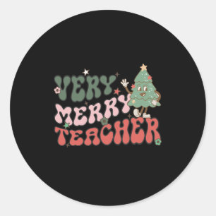 Retro Teacher Christmas Very Merry Teacher Classic Round Sticker