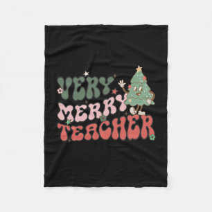 Retro Teacher Christmas Very Merry Teacher Fleece Blanket