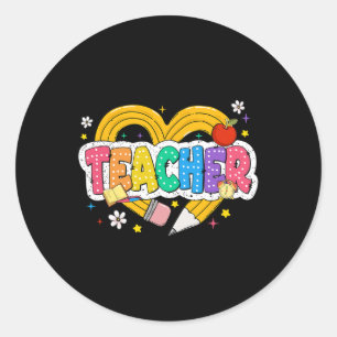 Retro Teacher Heart Pencil Colourful Groovy School Classic Round Sticker
