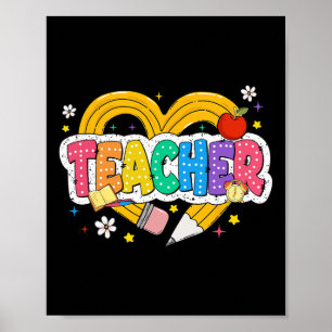 Retro Teacher Heart Pencil Colourful Groovy School Poster