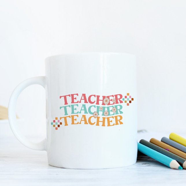 Retro Teacher in Colourful 70s Style Coffee Mug (In-Context, Close up)