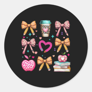 Retro Teacher Valentine Heart Coquette Teacher Bow Classic Round Sticker