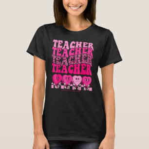 Retro Teacher Valentines Day Hearts Love Leopard T-Shirt