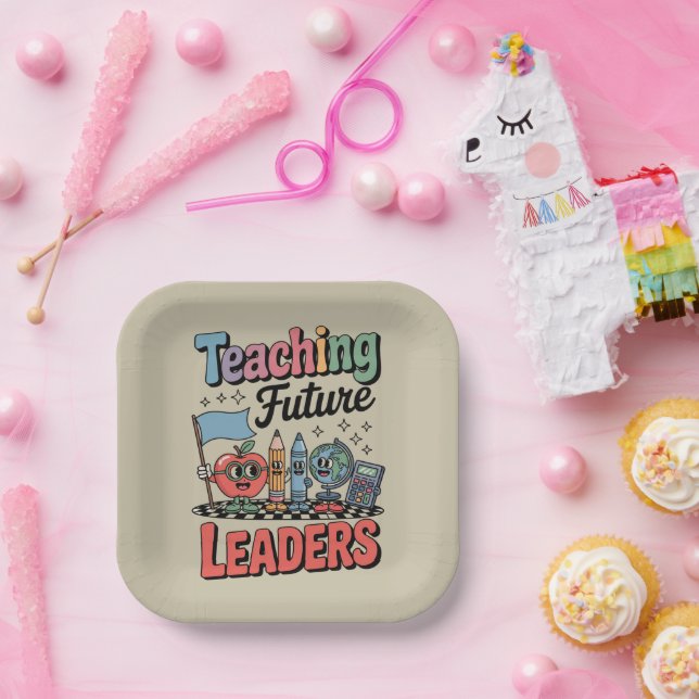 Retro Teaching Future Leaders Groovy Teacher Paper Plate (Party)