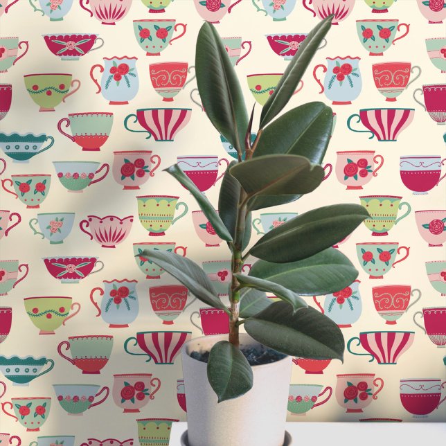 Retro Teacups Cream Wallpaper (Retro teacup pattern art wallpaper)