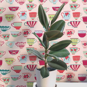 Retro Teacups Pink Wallpaper