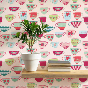 Retro Teacups Pink Wallpaper
