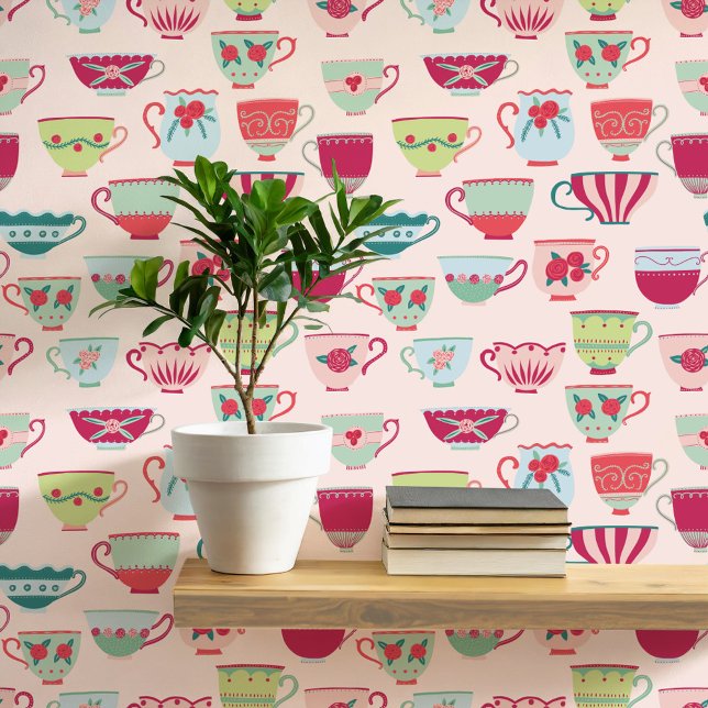 Retro Teacups Pink Wallpaper (Retro teacup pattern art wallpaper)