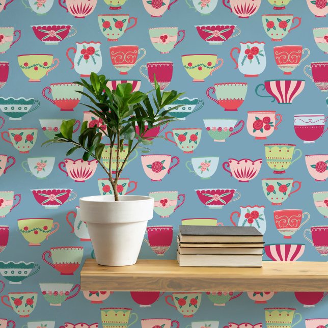 Retro Teacups Teal Wallpaper (Retro teacup pattern art wallpaper)
